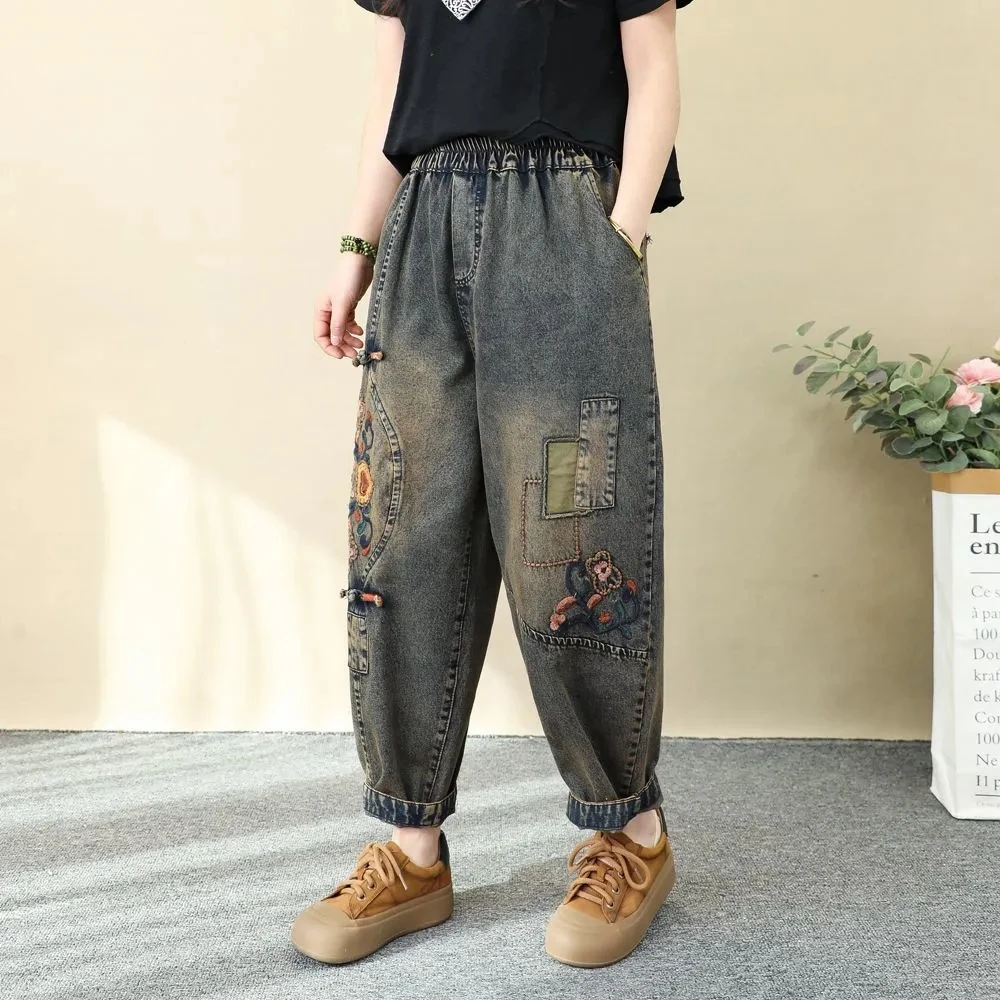 

Художественные джинсы с вышивкой в стиле ретро, женская одежда, весна-осень 2023, новые свободные эластичные джинсовые брюки с высокой талией, женские повседневные брюки