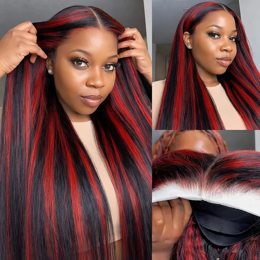 

1B/99J Kinky Straight Highlight 13x4 Lace Front Wigs Human Hair Wig Color Red With Black 5x5 Lace Closure Glueless Wig For Women