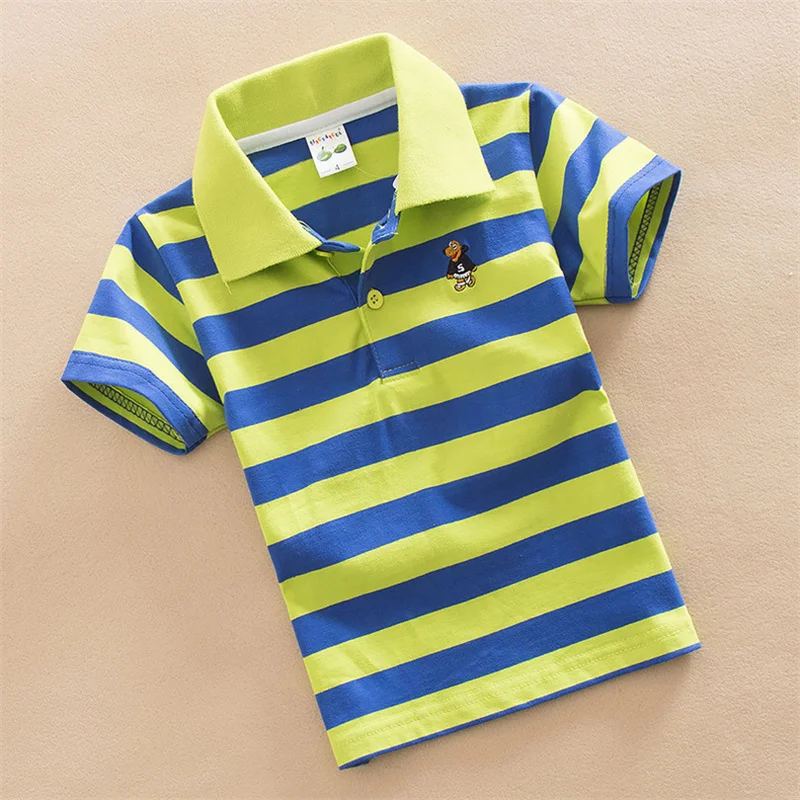 T-shirt For Boys Summer Children Short Sleeve Stripe Tees Cartoon Bear Embroidery Tops Teens Breathable Polo Shirt Kids Clothing