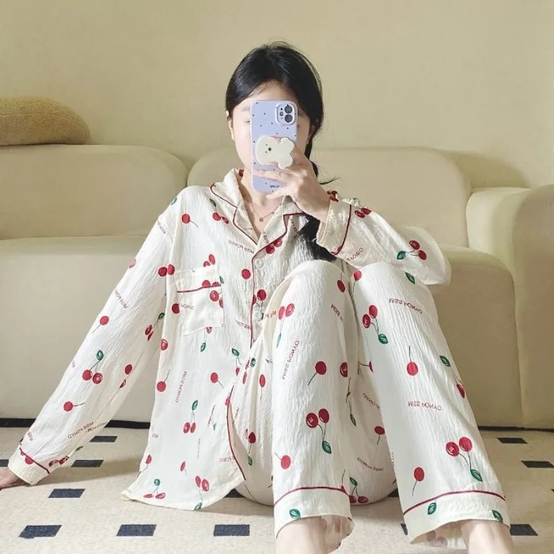 

Женские пижамы больших размеров, милые, базовые, универсальные, прочные, с длинными рукавами, студенческая одежда для дома, женская одежда для сна на четыре сезона