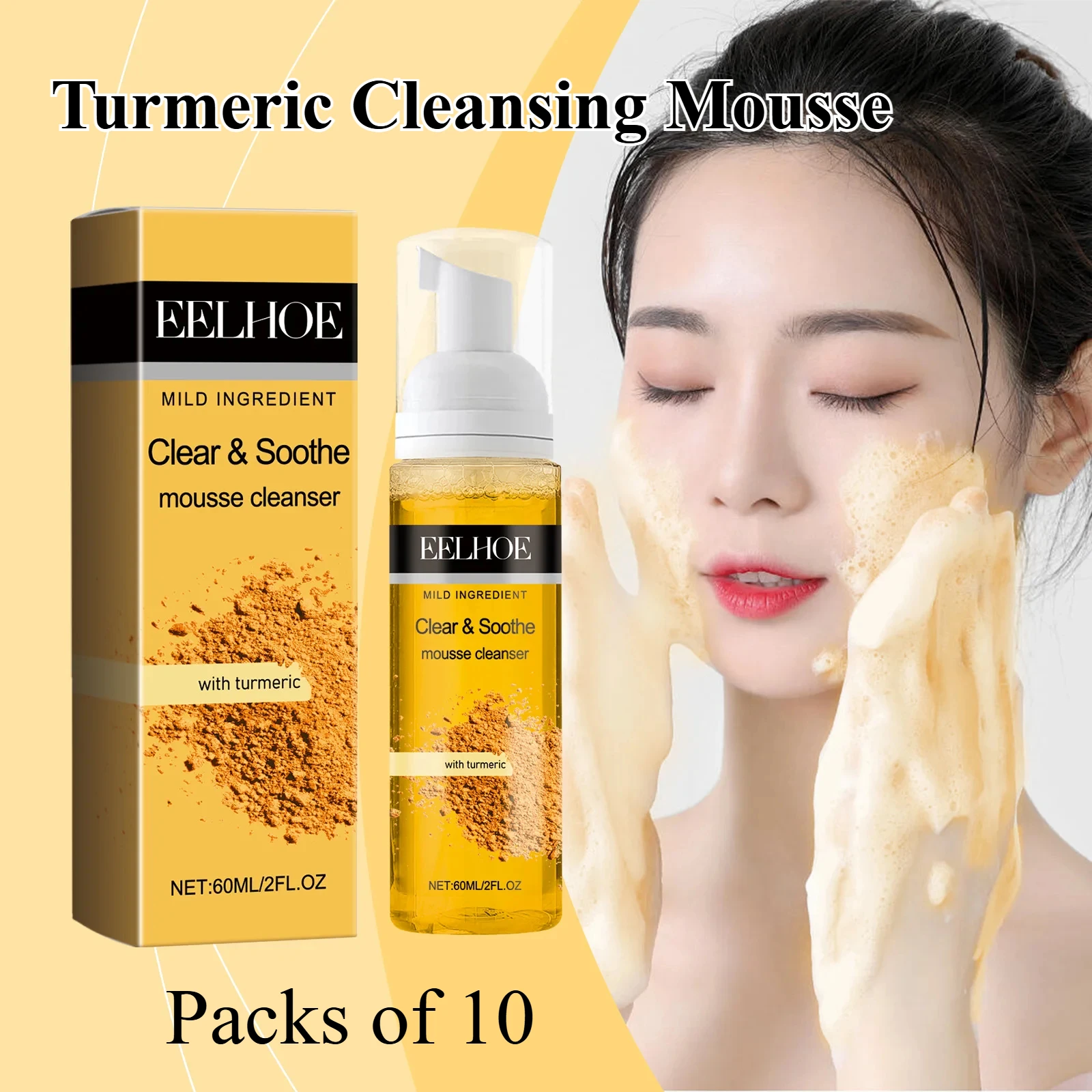 Turmeric Cleansing Mousse Deep Clean Face Dirt Improve Gloss Mildly Moisturize Nourish & Control Oil Foam Facial Cleanser 10Pcs