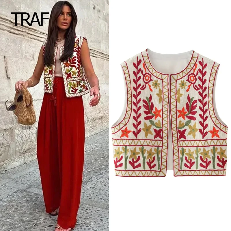 TRAF Women\'s Tailored Vest Spring Summer 2024 Crop Embroidered Waistcoat V-Neck Sleeveless Cardigan New In Vest Elegant Gilette