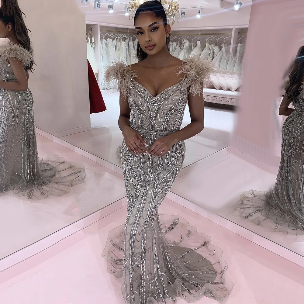 Luxe Mermaid Avondjurk Elegante Veren Kralen Sexy Voor Vrouwen Formele Party Dress Sexy Kralen Jurk Met Hoge Kwaliteit