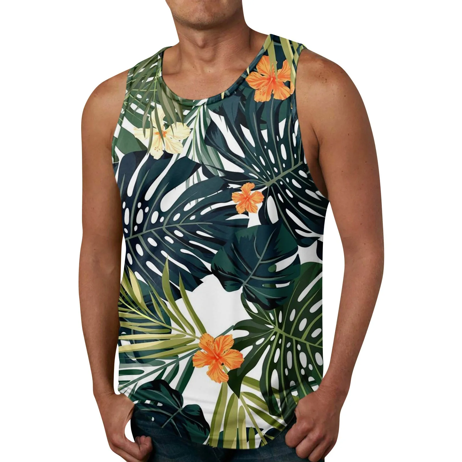 الرجال هاواي موضوع المطبوعة جولة الرقبة تصفح قمم للدبابات ، بلا أكمام ، عارضة ، أزياء ، الصيف ، عطلة