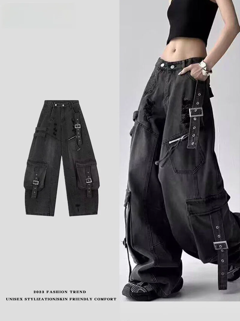 

Американские джинсы-карго из денима с драпированными элементами и большими карманами для мужчин и женщин: весенний тренд, свободный крой, уличный стиль