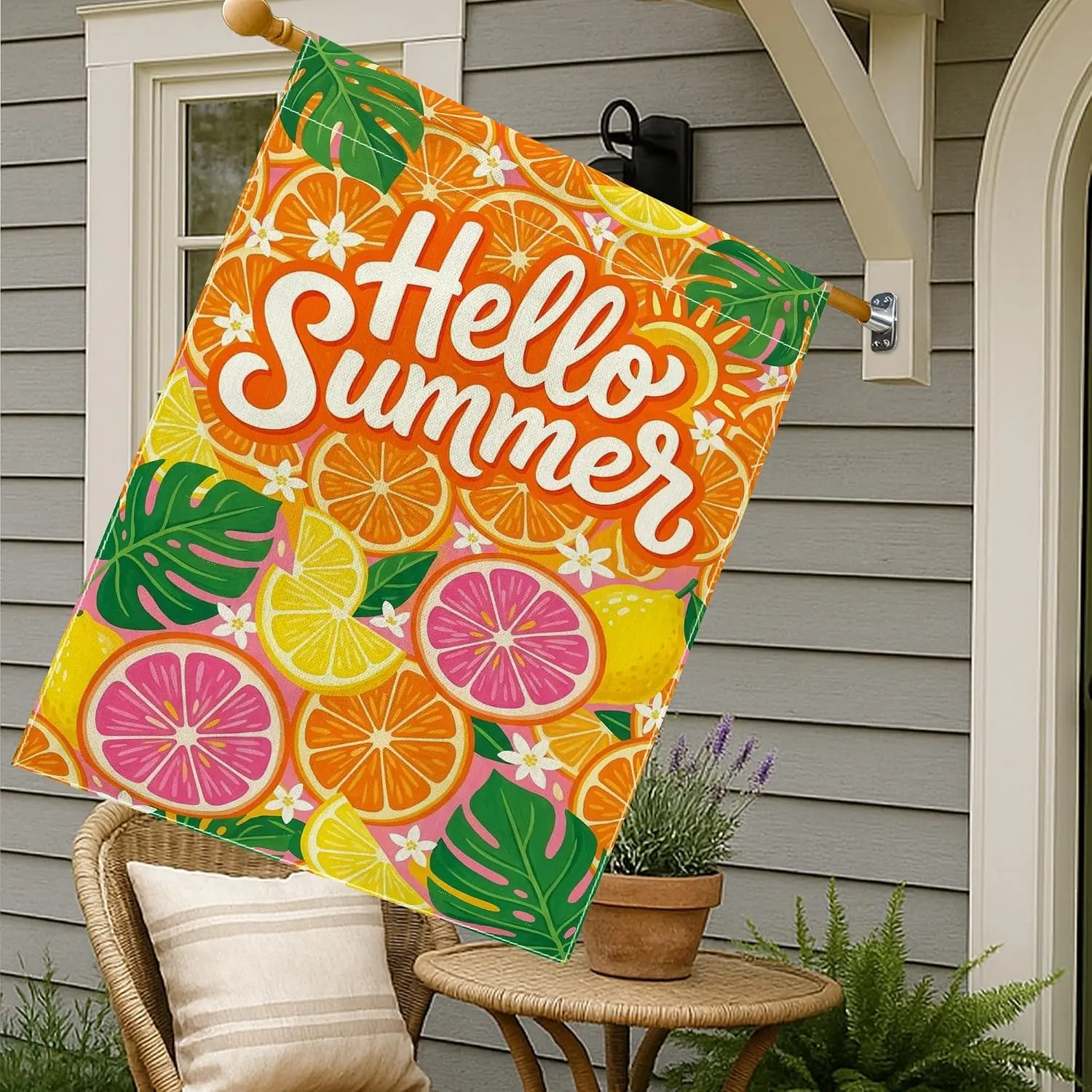 Citrus House Flag, Summer Tropical Leaves Flowers Summer Orange Double Sided Burlap Outside Large Garden Flag for Outdoor La yyi
