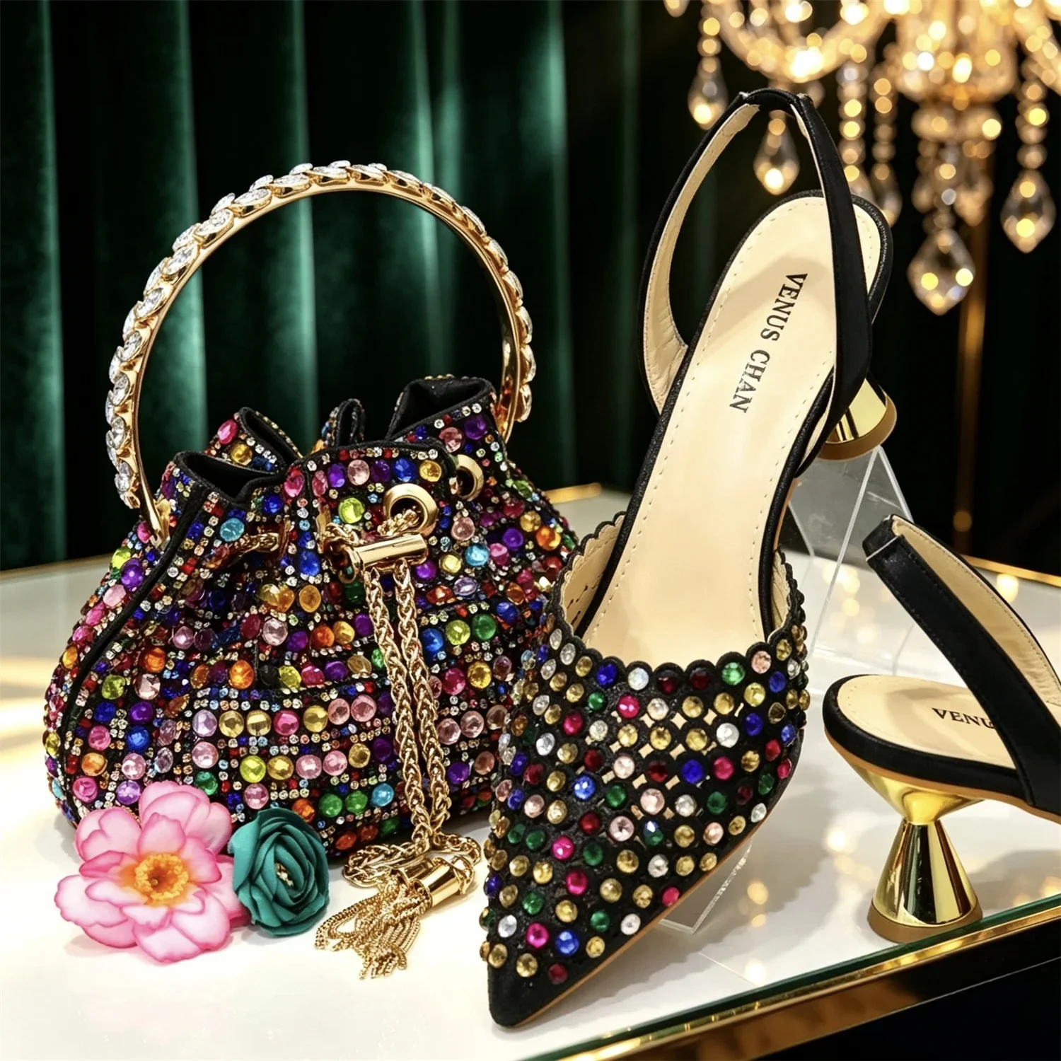 Shiny Gold Rhinestone Shoe & Bucket Bag Set | Pointed Crystal Heels, Womens Lux Wedding Eve Bridal Formal Prom Match Purse Kits