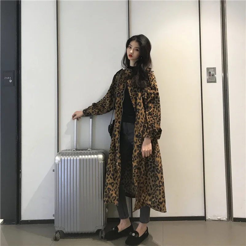 Spring Vintage Corduroy Leopard Print Jackets 2025 Women's Oversize Drawing Trench Coats X-Long Sleeve Windbreaker Female Tops