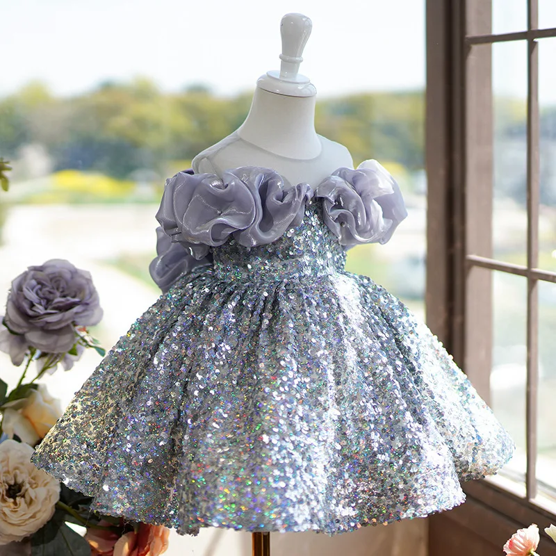 2024 Gorgeous Girls Princess Sequin Palace Dress round neck Children Bow Wedding Gown baby infant Birthday Party Kids Dresses