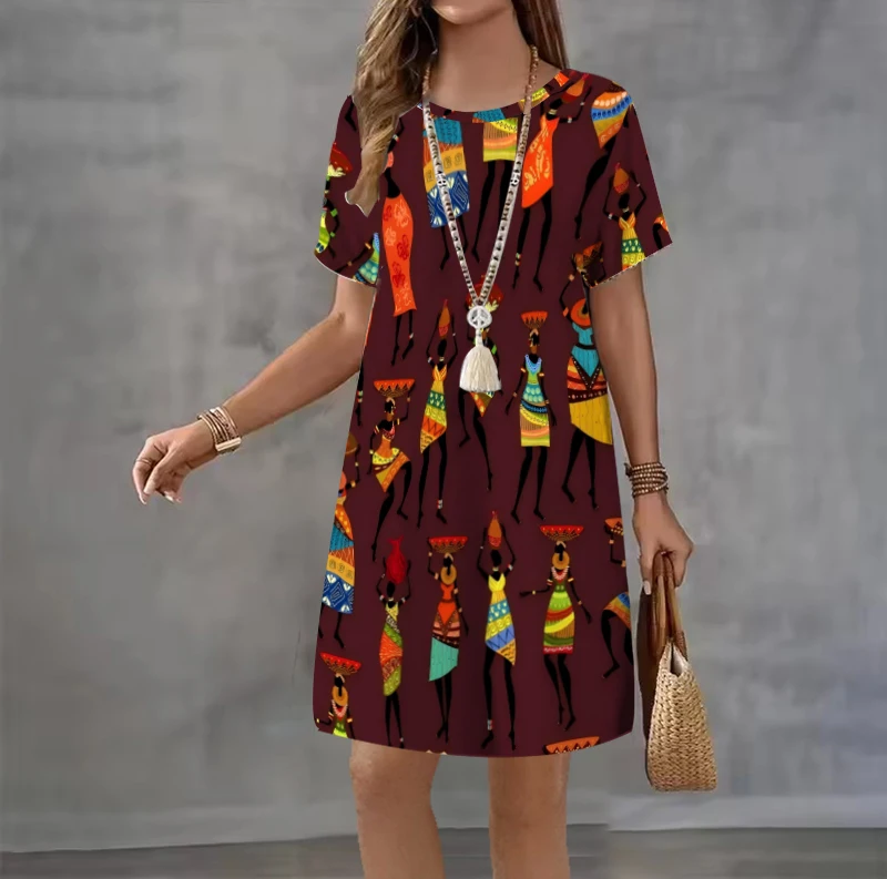 Modieuze bloemenprint gradiënt ronde hals korte mouwen trui T-shirt jurk voor dames retro etnische stijl jurk strandkleding