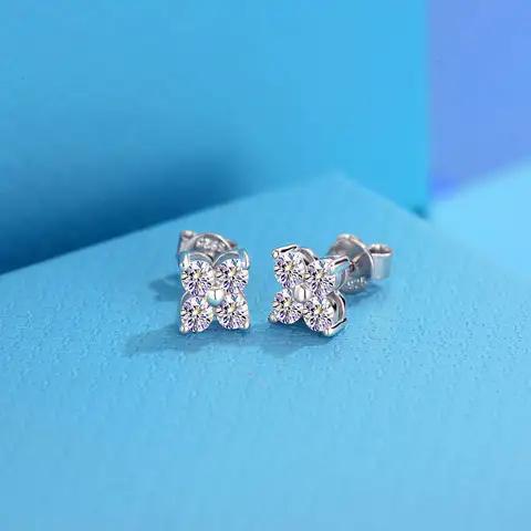 925 Sterling Silver Flower All Moissanite Stud Earrings for Women Full Diamond Round Cut Sparkling Jewelry Boucle d'oreille