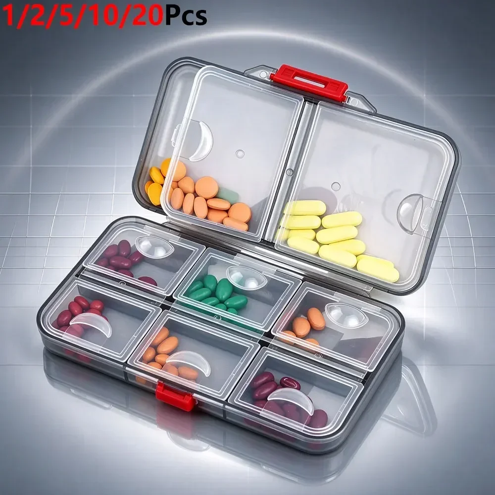 1/2/5/10/20Pcs Transparent Portable Pill Container, Double Layer 8 Grid Pill Organizer, Anti-moisture Sealed Buckle Medicine Box