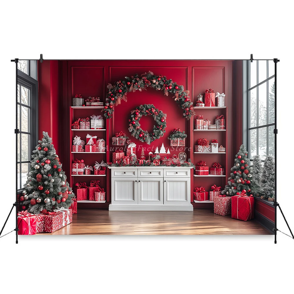 Christmas Gingerbread House Kitchen Backdrop Adult Family Party Photo Studio Xmas Red Wall Cabinets Wreath Background Banner