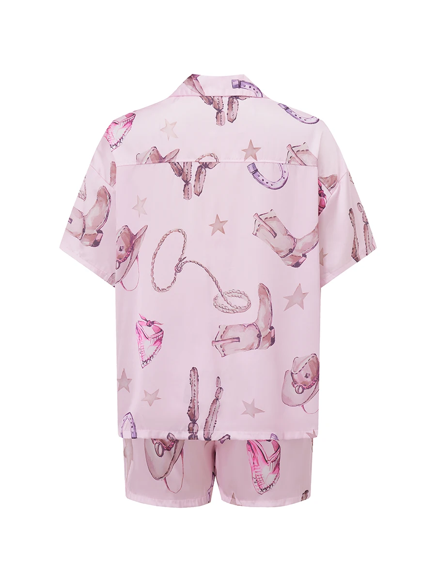 Women s Summer Loungewear Set Boot Cactus Print Short Sleeve Lapel Tops with Elastic Waist Shorts Sleepwear