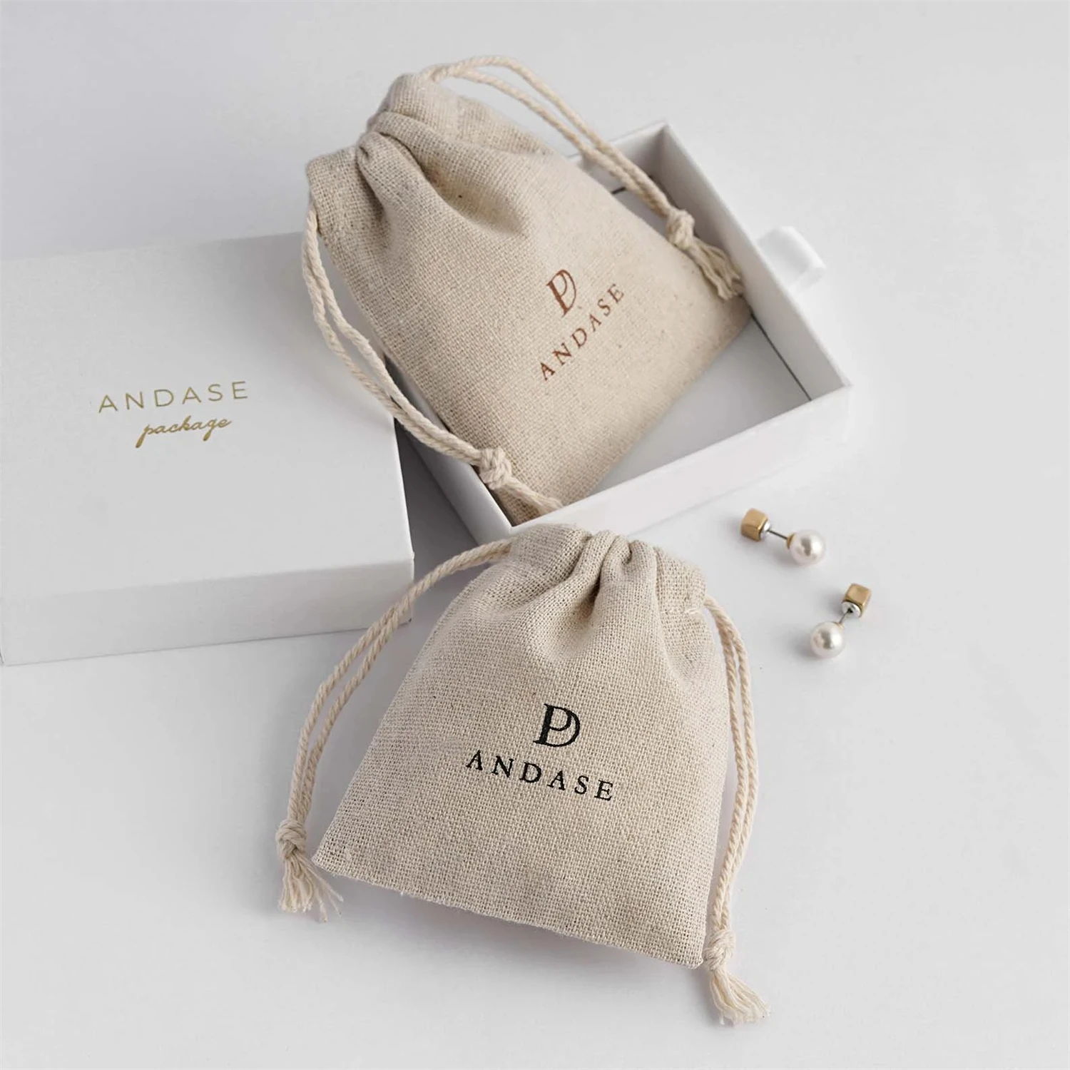 

50 Personalized Linen Bags Drawstring Fabric Bags Custom Logo Printed jewelry package Bags Soap candle package supply wholesale