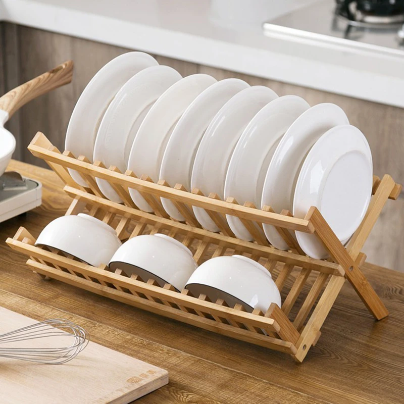 

Storage Tray Bamboo double-layer Bowl Tray Rack Convenient Drain Rack Multifunctional Dish Drying Rack Kitchen Supplies