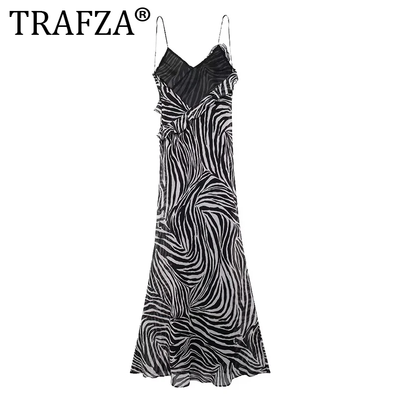 TRAFZA Vintage Sexy Women Dress Flower Zebra Stripes Appliques Long Cami Dress Fashion 2024Summer Elegant Party Dress