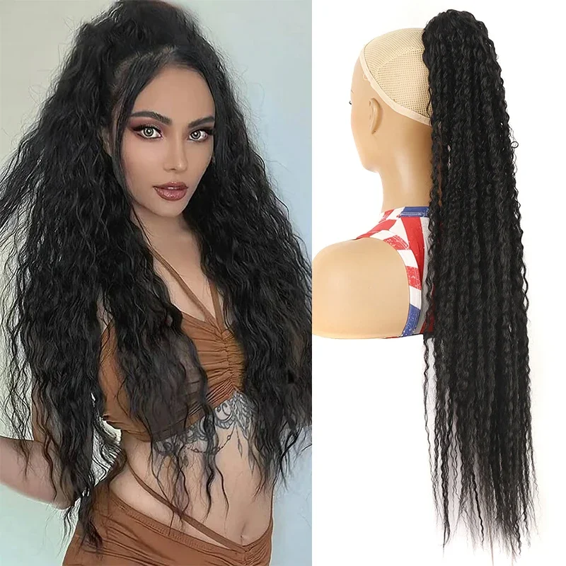 

Synthetic Super Long 30Inch Curly Ponytail Extensions Clip in Drawstring Ponytail Wig Water Wave Afro Pony Tail Hairpiece