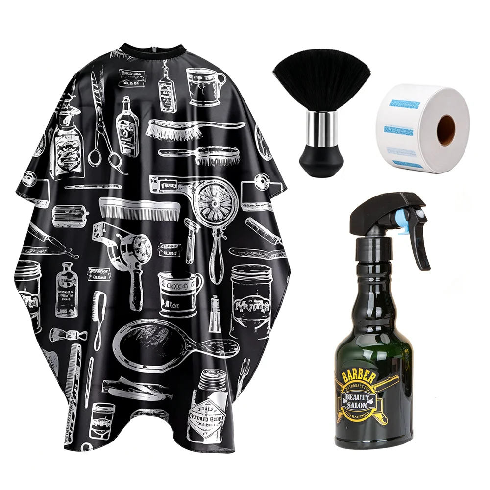 4Pcs Barber Cape Set Black Waterproof Anti-Static Vintage Print w Neck Duster Brush Neck Strips & Spray Bottle Salon Home Tools