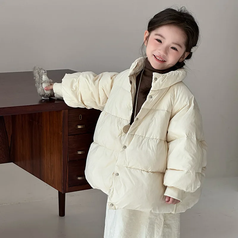 Girls' Beige Puffer Jacket, High Collar Button-Down Down Coat with Puffy Sleeves Fashionable Warm Winter Outfit for Little Girls