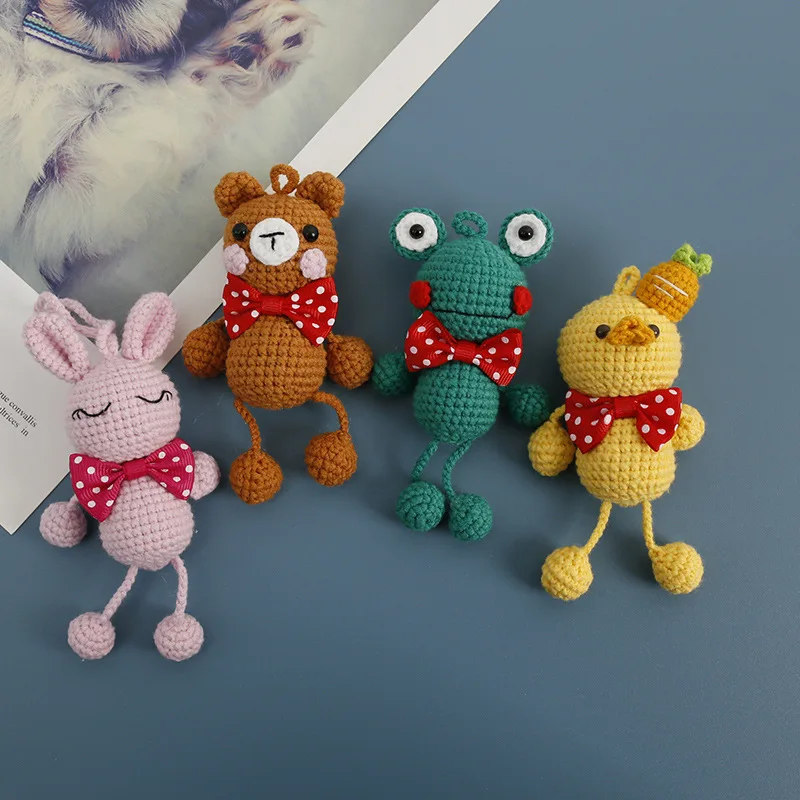 Handmade Crochet Swing Leg Animal Keychain, Frog Bear Bunny Duck with Polka Dot Bow Tie Amigurumi Bag Pendant Gift