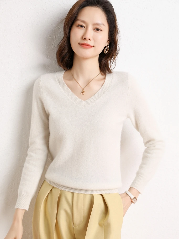Básico 100% puro cashmere malhas pulôver camisola outono inverno com decote em v das mulheres de manga comprida topos grosso base quente roupas macias