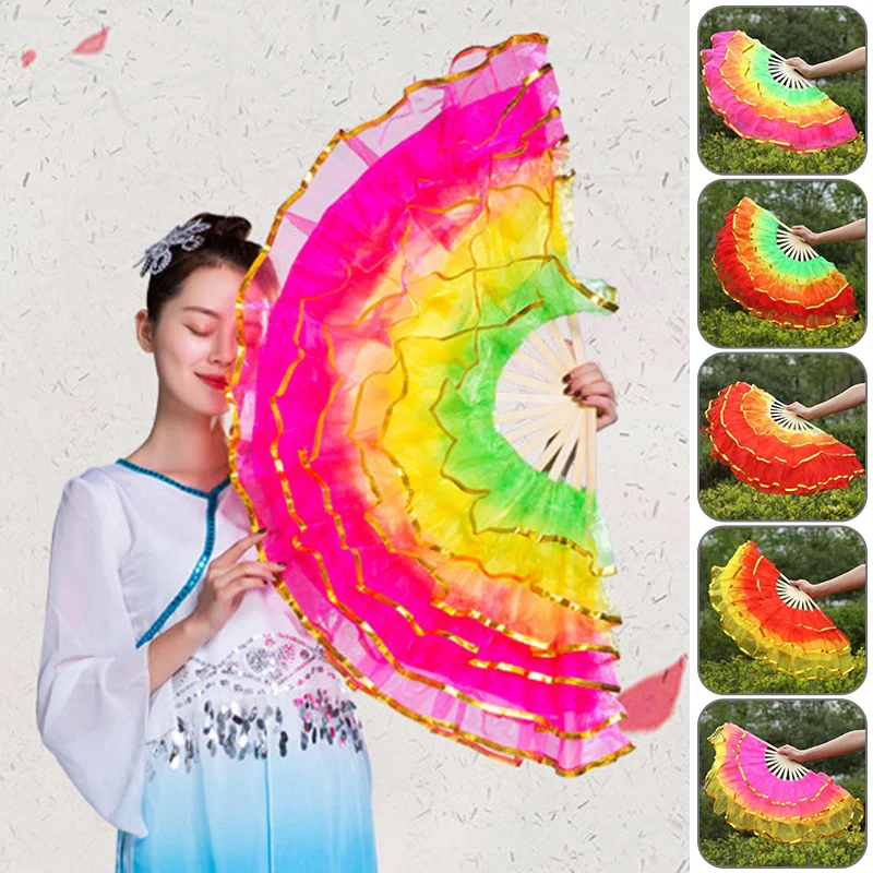 3/4/5/6 Layers Large Silk Flower Dancing Hand Fan Foldable Handmade Chinese Fan Dancing Club Stage Performance Props Decor