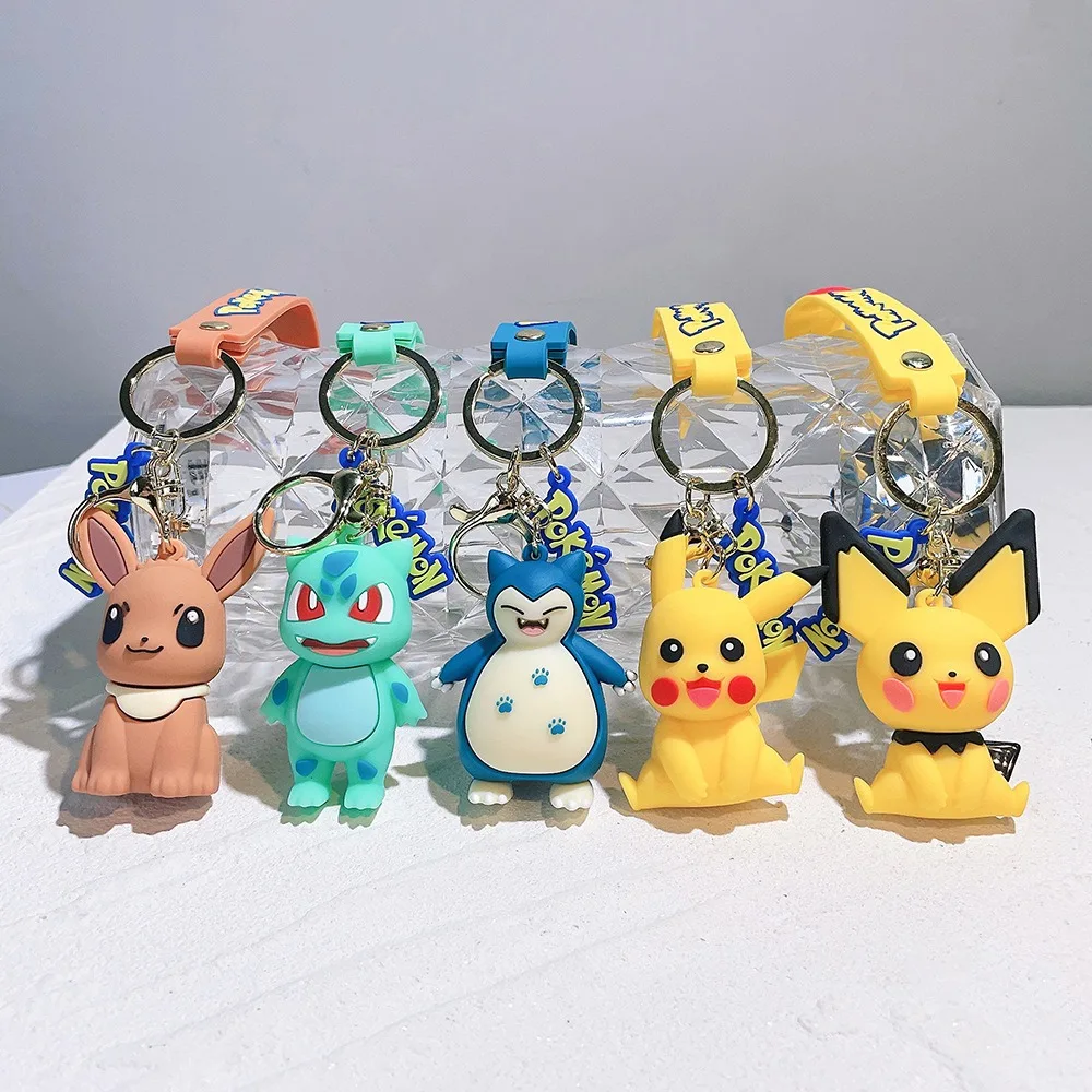 Pokemon figurka Pikachu brelok Anime śliczne Snorlax Eevee plecak wisiorek lalka kluczyk do samochodu ozdoby pierścieniowe biżuteria Party prezenty