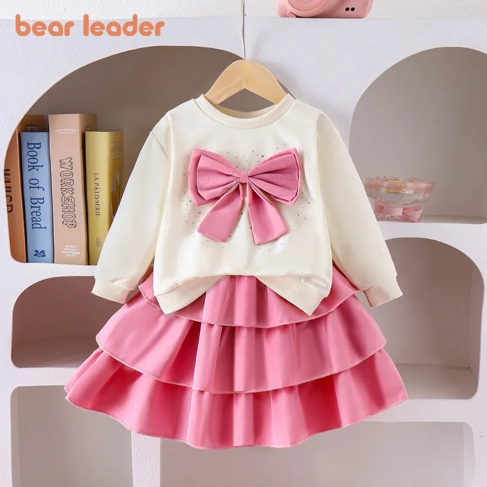

Bear Leader Spring and Autumn Pink Girls Clothes Bow Decoration Long Sleeve Top + Cake Skirt Korean Solid Color Children's Set