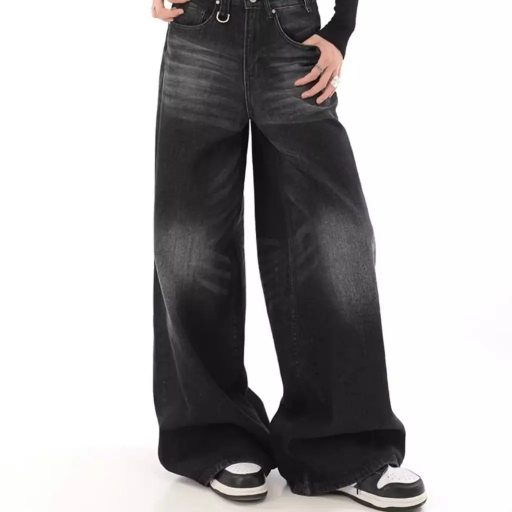 

Винтажные потертые широкие джинсы для женщин, свободные прямые длинные брюки с высокой талией, модные черные джинсовые брюки на осень