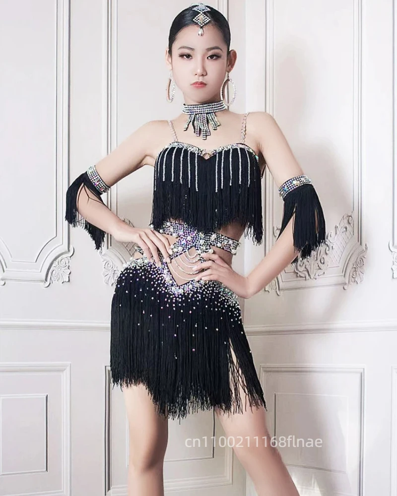 فستان الرقص اللاتيني، فستان الزهور، تنورة شرابة للفتيات، تصميم أسود لحمام السباحة، إصدار ممتاز، فستان أداء لؤلؤي رومبا