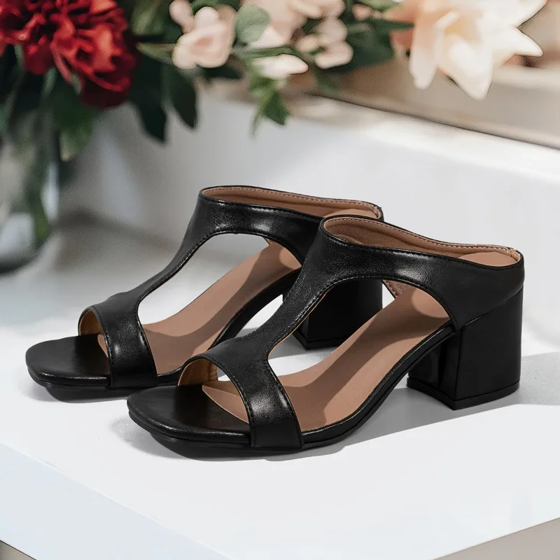

2025 New Women's Casual Slippers Summer Square Head Shallow Mouth Leather Cover Foot Anti-slip Wear-resistant High Heels