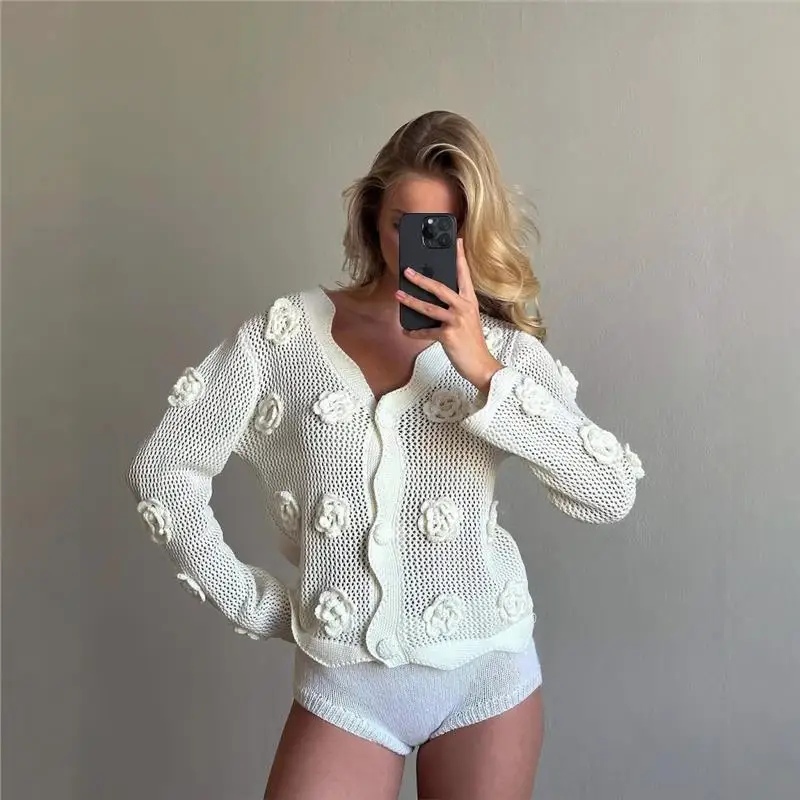 

Early Spring New Sle Rose Flower Hollow out Knitted Sweater Women's Slim Fit Versatile Knitted Open Cardigan Faionable