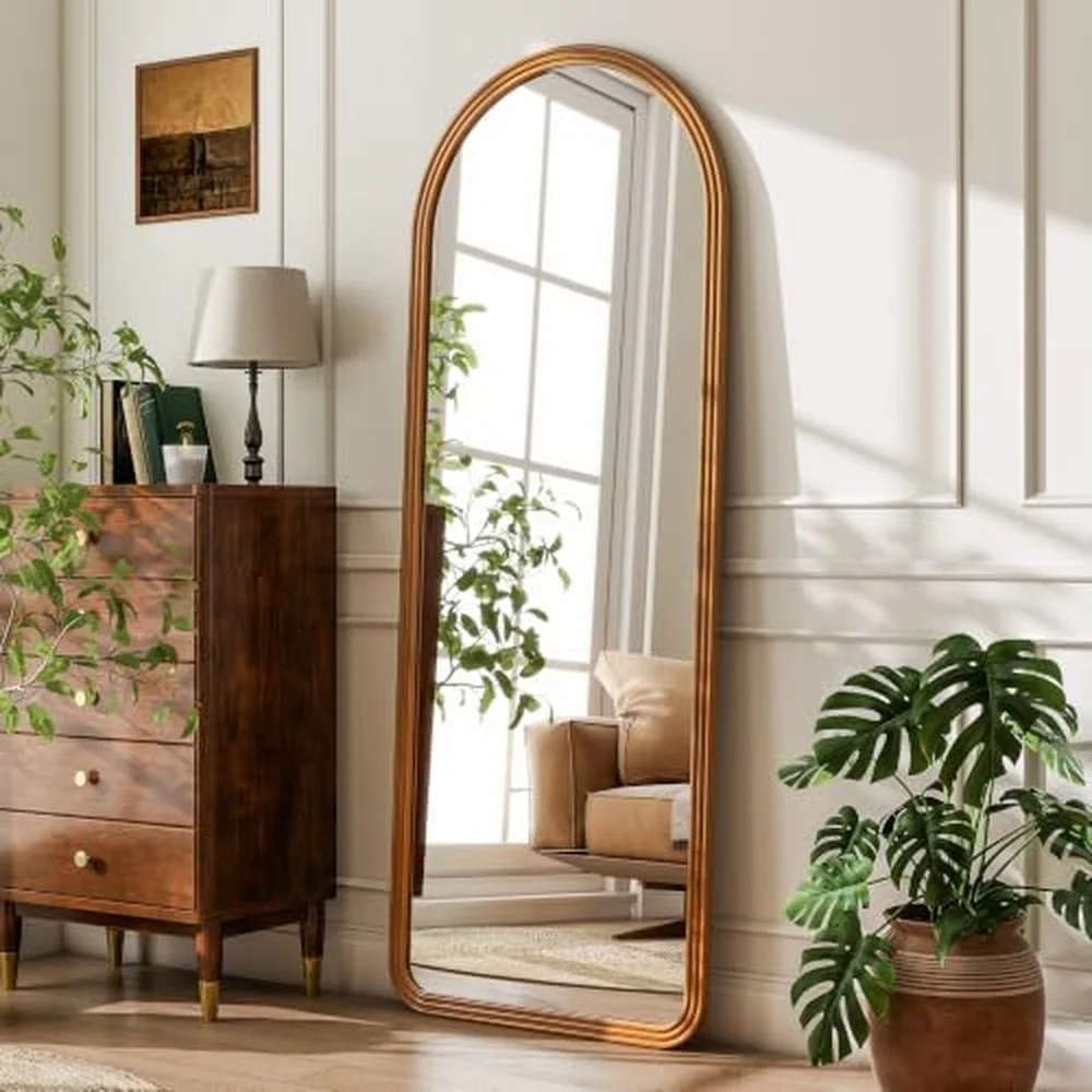 24x65 Inch Wood Arched Full Length Floor Mirror Natural Wood