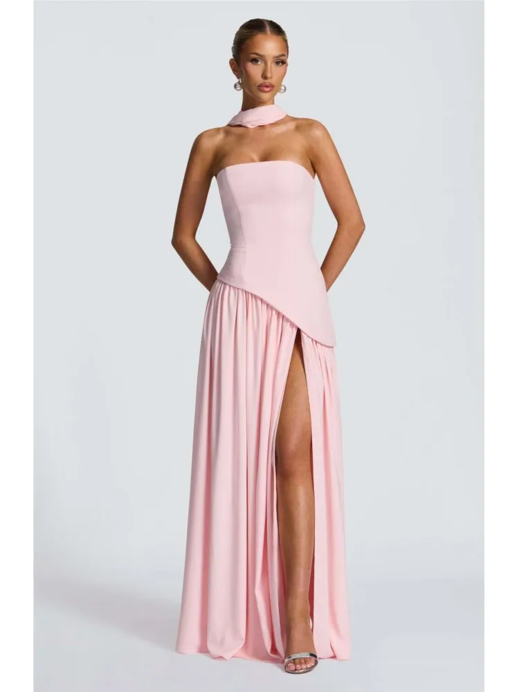 الصلبة اللون الشق اللباس المرأة أنبوب الأعلى أزياء مثير عارية الذراعين Strappy عالية الشق الربيع الصيف فستان طويل فساتين الحفلات الأنيقة #5