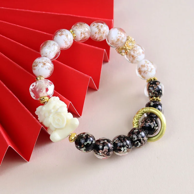 Lucky Charm Bracelet with Two Tone Glaze and Gold Eating Beast for Women Elegant Fresh Natural Jewelry Gifts