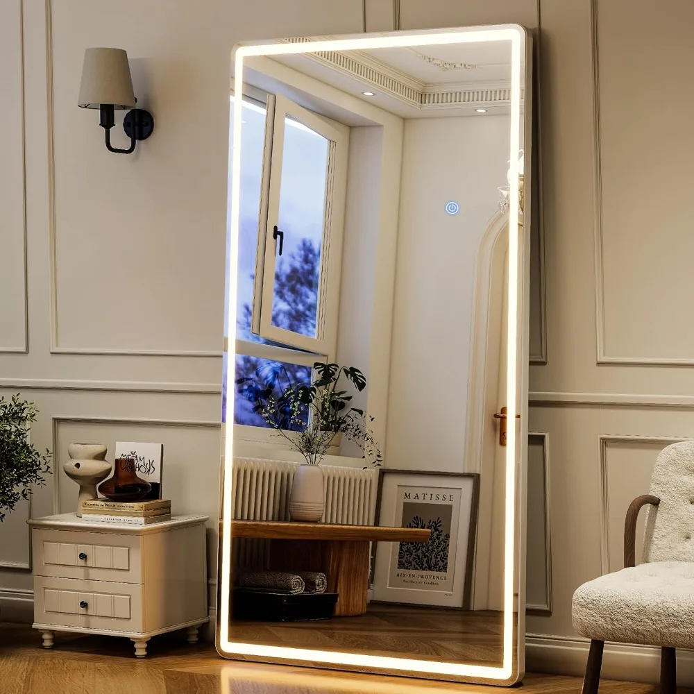 "Espejo de piso de 68 pulgadas de longitud completa iluminado por LED con brillo ajustable y 3 opciones de color para uso doméstico o en salón"