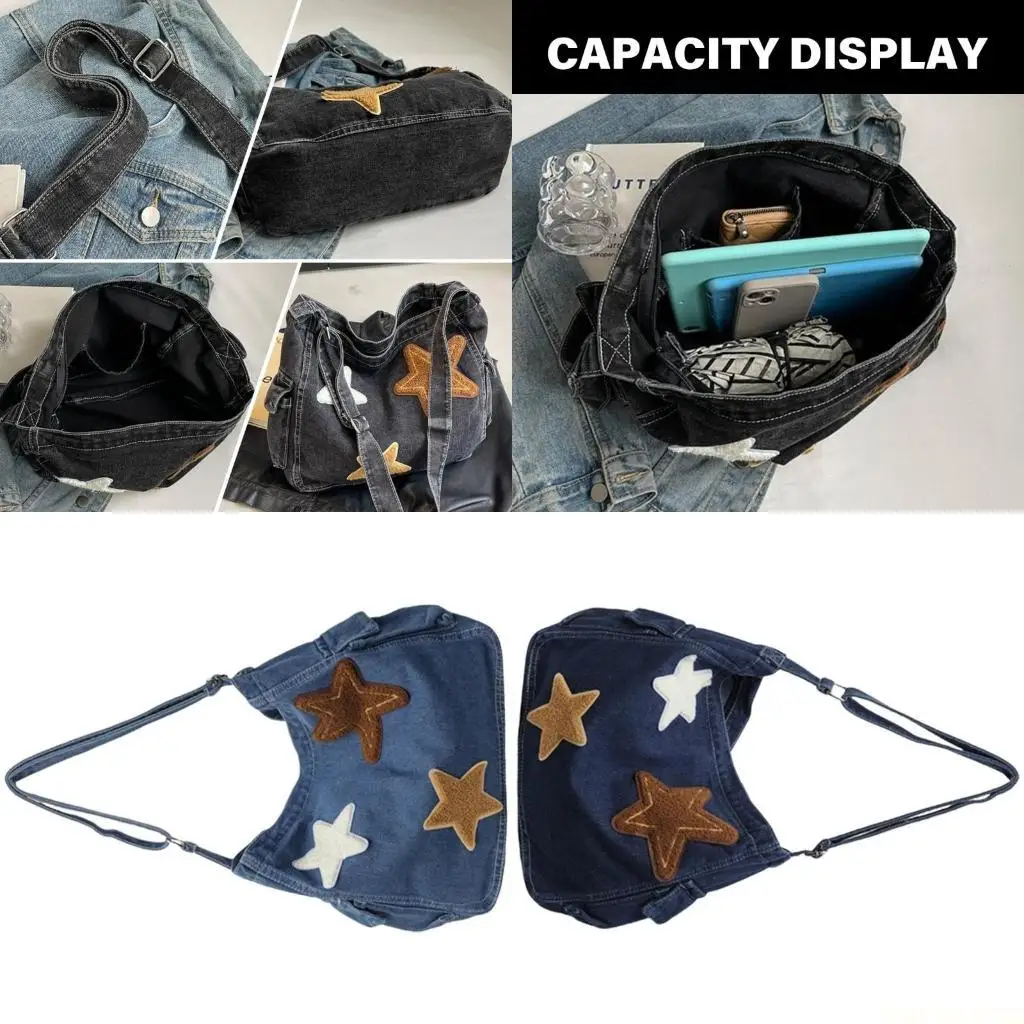 

X90D Women Denims Crossbody Bag Large Capacity Shoulder Bag Lovely Star Bag