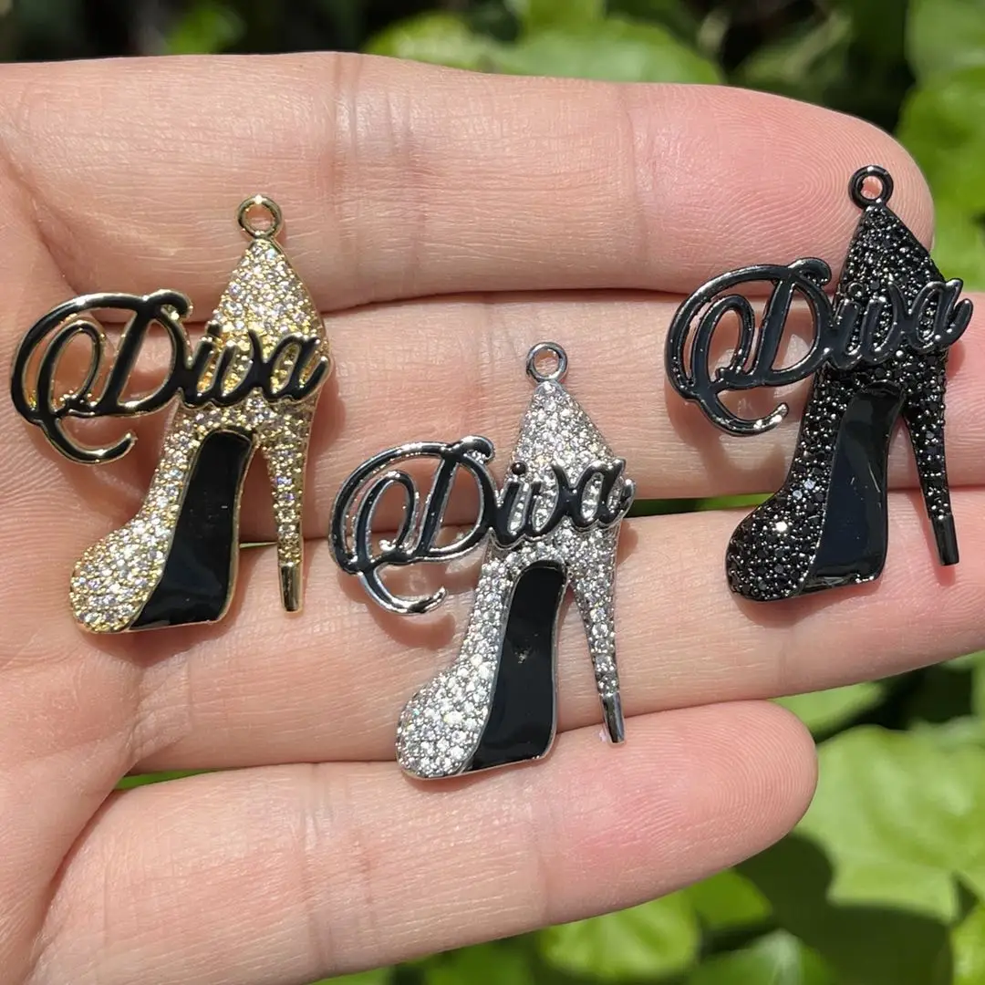 

5Pcs Cubic Zirconia Pave High Heel Shoes Black Bottom Charm Diva Pendant For Woman Bracelet Necklace Making Jewelry Accessories