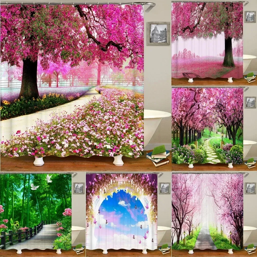 3D Cherry Blossom Shower Curtain Spring Pink Tree Floral Garden Bath Curtain Waterproof Fabric Bathroom Decor with Hooks