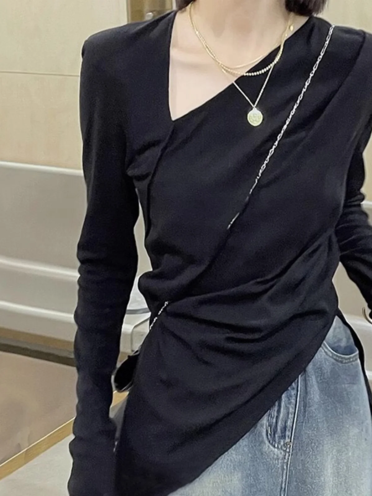 

plus Size 300 Pou Women's Long Sve Base irt oulder Pad Design Slit Slim Fit Meat Concealing T-irt Korean Sle Co...