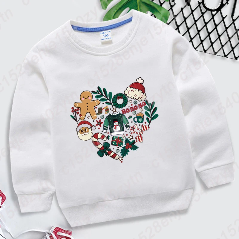Christmas Heart Santa Gingerbread Ho Print Pullovers Children Round Neck Pullovers Kids Girls Boys Fashion Hoodeless Sweatshirts