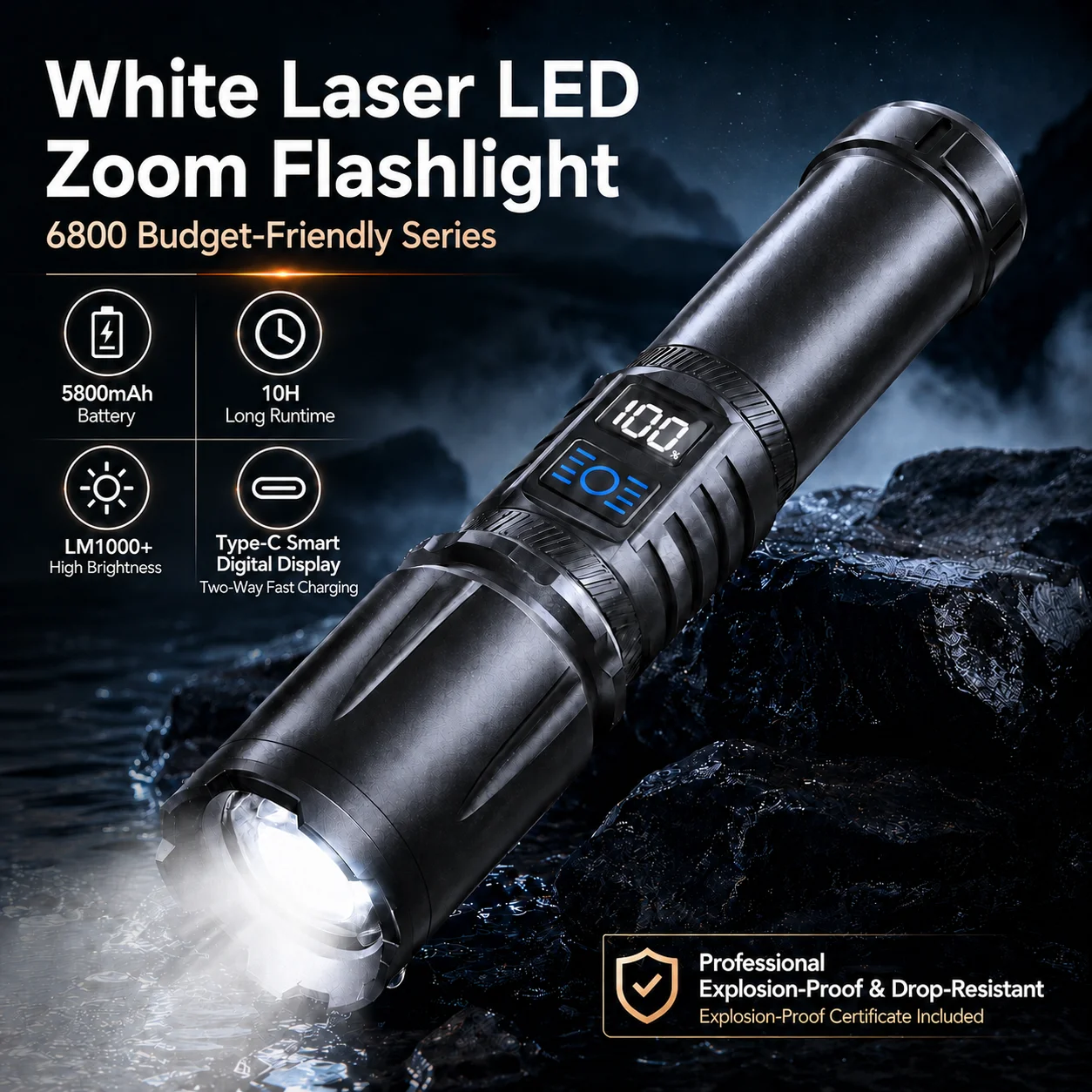 LED Flashlight 5800mAh 1000+LM Rechargeable Zoom Torch Type-C 3-Mode IPX6 Waterproof Outdoor Camping Emergency Light for Hiking
