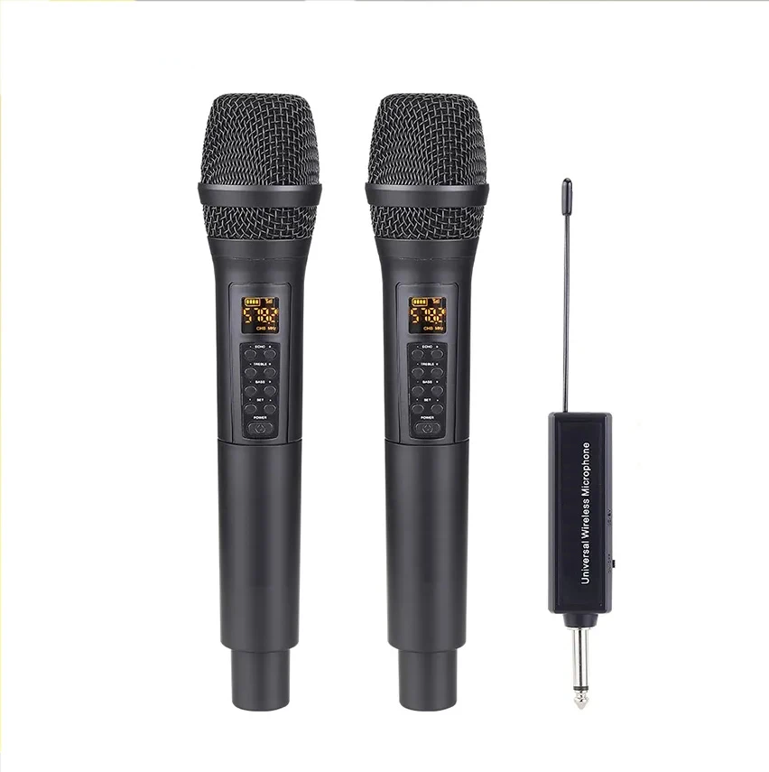 

Dual Channel Wireless Microphone System With Dual Dynamic Handheld Mics Universal UHF LCD Display Screens Made Of Metal