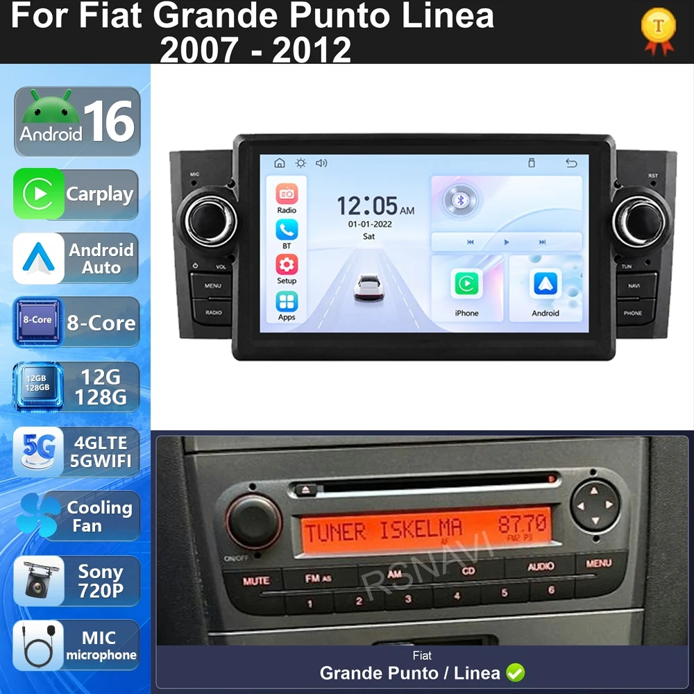 For Fiat Grande Punto Linea 2007 - 2012 Android 16 GPS Navigation WiFi Wireless FM RDS Hands-Free CarPlay Android Auto DSP BT 4G