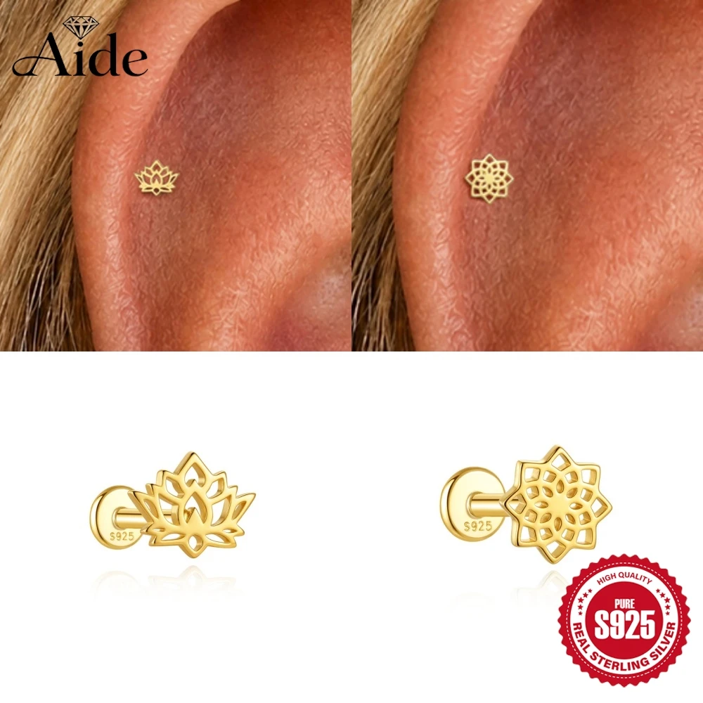 AIDE 925 Sterling Silver Glossy Skeletonized Lotus Flower Earring Women's Animal Dinosaur Ear Cartilage Piercing Fine Jewelry