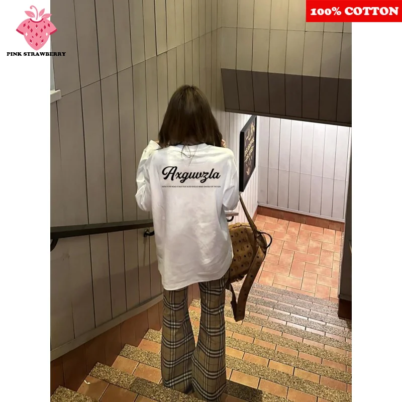 

American Retro Oversize White T-shirt Women Autumn 2025 New 100%Cotton Long sleeves T-shirt Loose Casual Y2k Top Ladies clothing