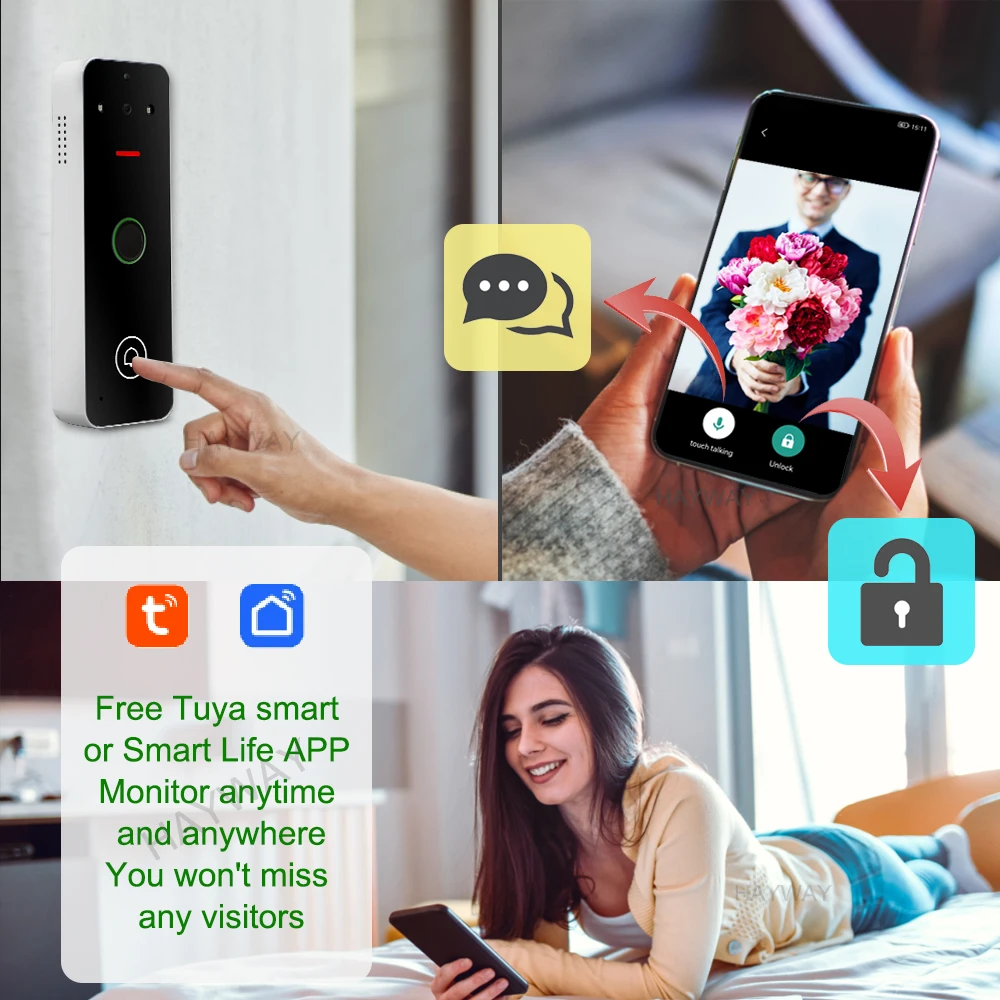 Hayway Wireless WIFI Video Doorbell Tuya Video Door Phone Home Video intercom Camera IP65 Waterproof Fingerprint Unlocking