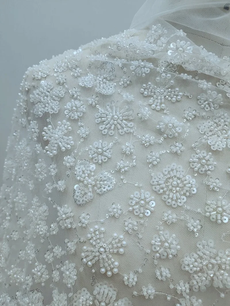 New Style Fresh Flower Pattern Fully Beaded Lace Tulle Fabric Lace Trim for Wedding Dresses and Clothing Accessories Decoration