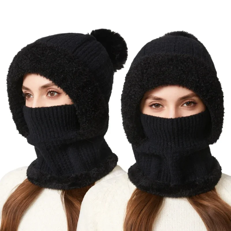 ‌Cold Weather Beanie Women All-in-One Knitted Hood Winter Hat Scarf Face Mask for Windproof Cycling New Year Cap Christmas Gift